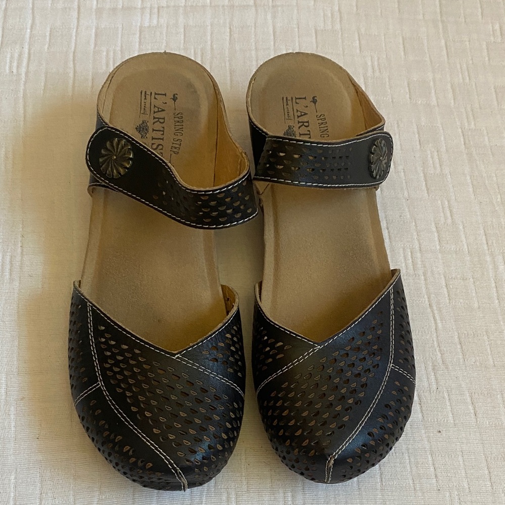 L'ATISTE Black Perforated Slip-On Mules with Decorative Strap